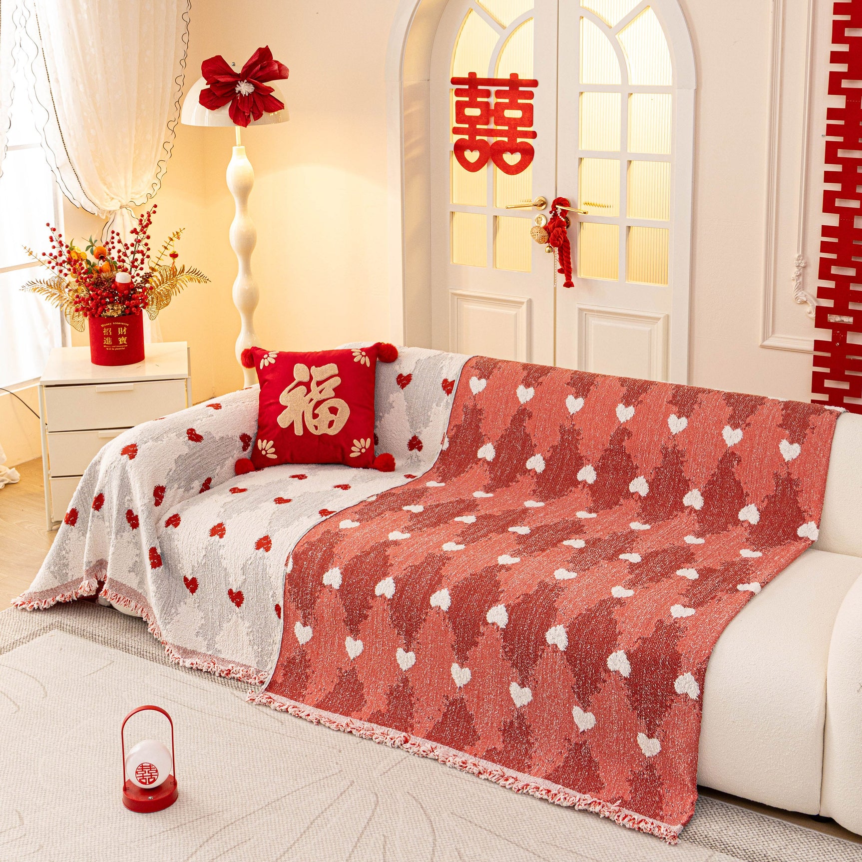 Chinese New Year Sofa Throw Cover Blanket, Decor Festive Red Fu Pattern Couch Cover - Ornate Home
