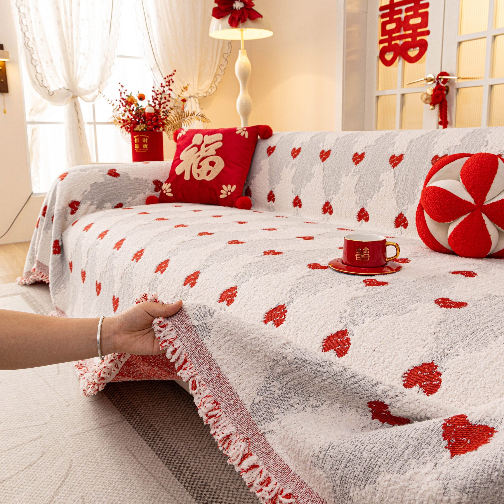 Chinese New Year Sofa Throw Cover Blanket, Decor Festive Red Fu Pattern Couch Cover - Ornate Home