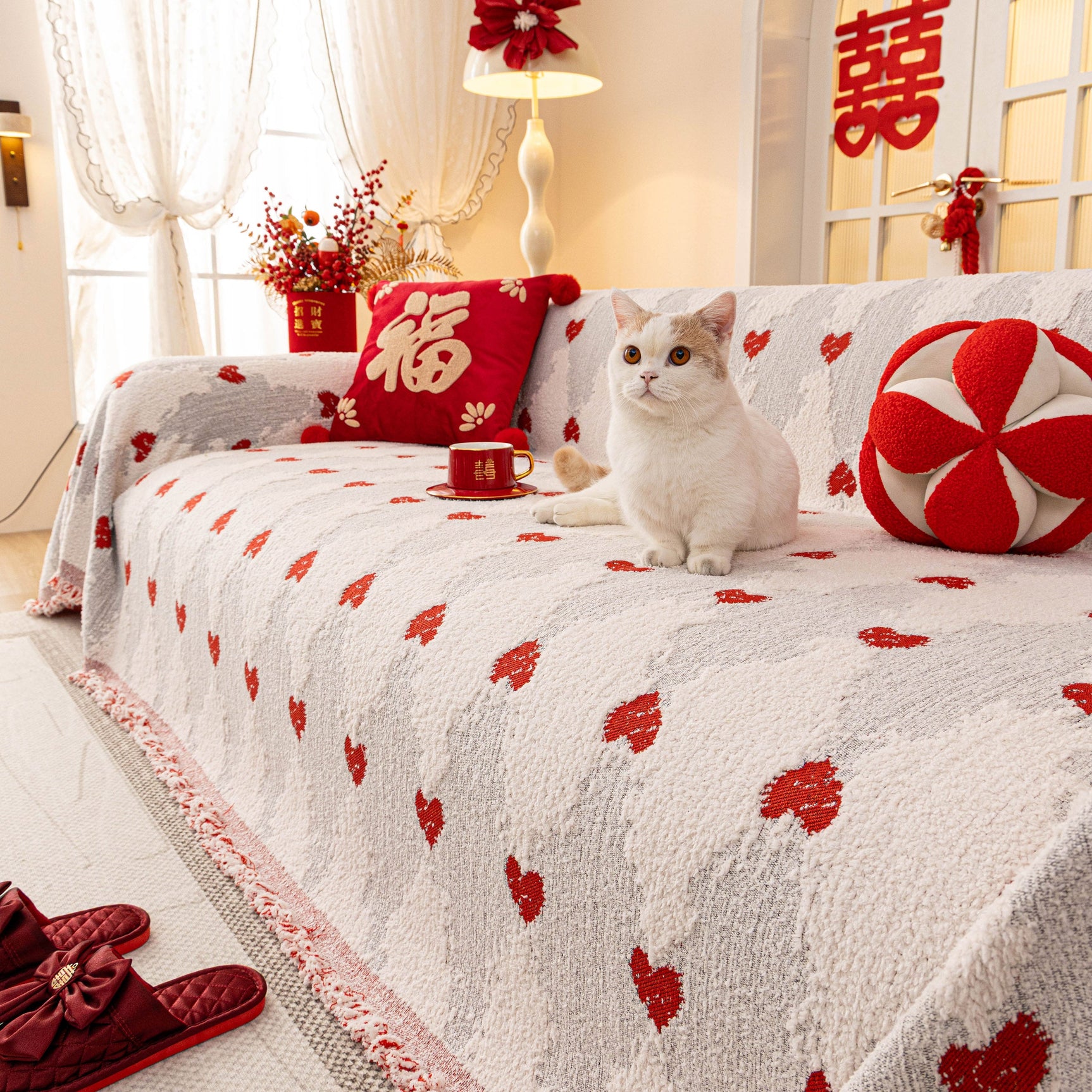 Chinese New Year Sofa Throw Cover Blanket, Decor Festive Red Fu Pattern Couch Cover - Ornate Home