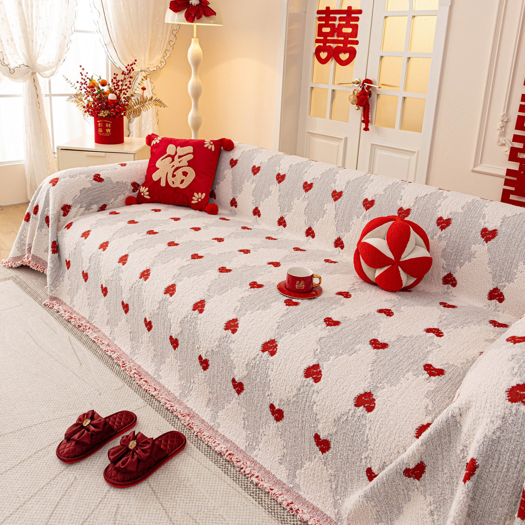 Chinese New Year Sofa Throw Cover Blanket, Decor Festive Red Fu Pattern Couch Cover - Ornate Home