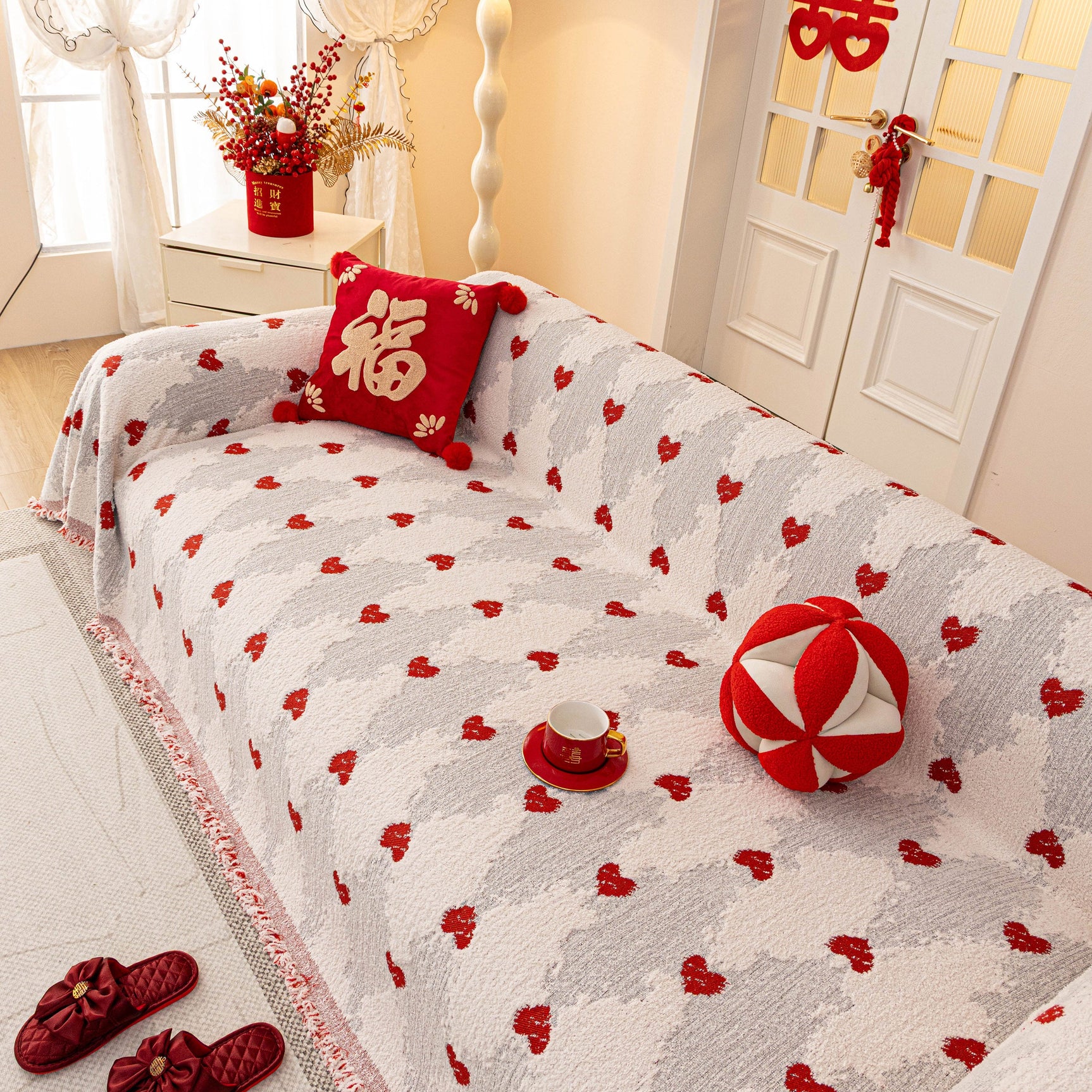 Chinese New Year Sofa Throw Cover Blanket, Decor Festive Red Fu Pattern Couch Cover - Ornate Home