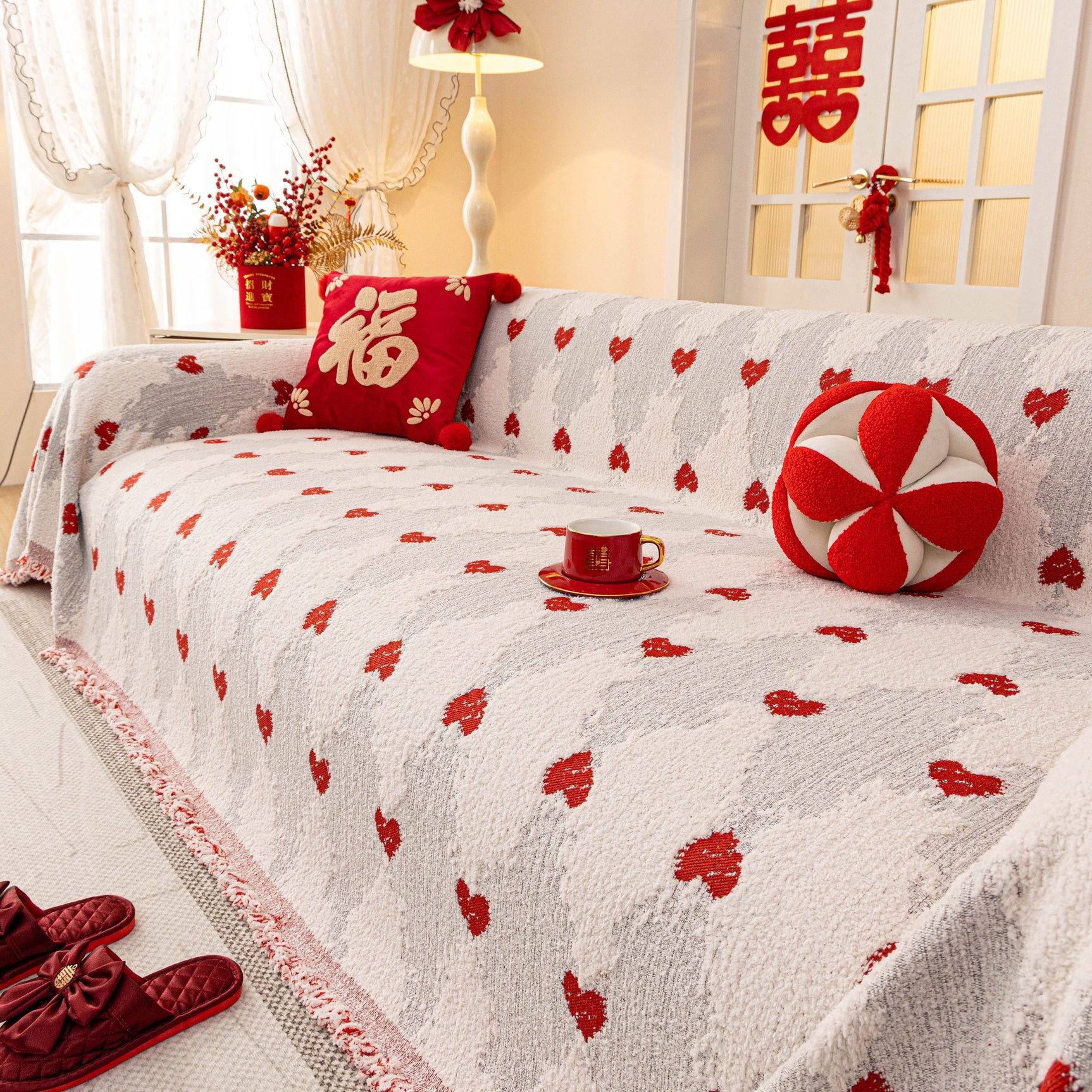 Chinese New Year Sofa Throw Cover Blanket, Decor Festive Red Fu Pattern Couch Cover - Ornate Home