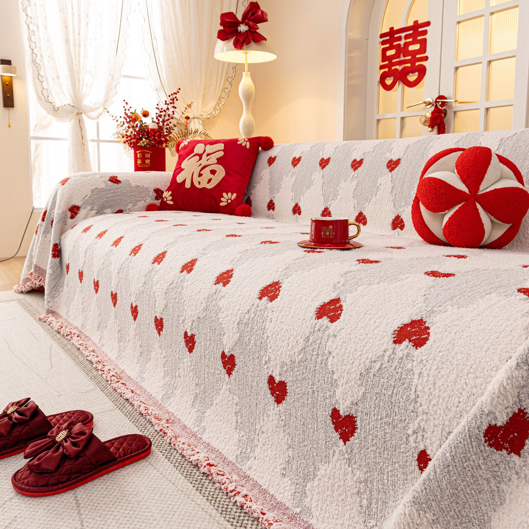 Chinese New Year Sofa Throw Cover Blanket, Decor Festive Red Fu Pattern Couch Cover - Ornate Home