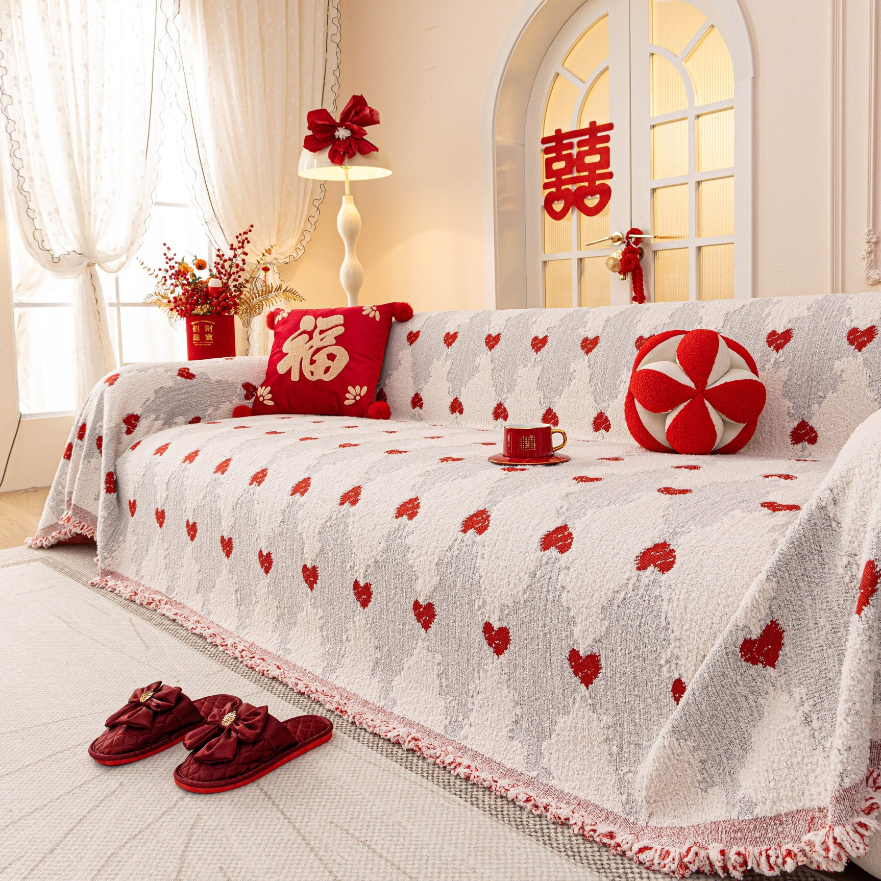 Chinese New Year Sofa Throw Cover Blanket, Decor Festive Red Fu Pattern Couch Cover - Ornate Home