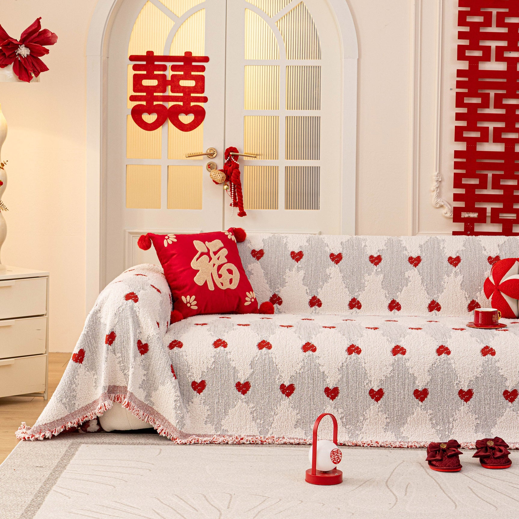 Chinese New Year Sofa Throw Cover Blanket, Decor Festive Red Fu Pattern Couch Cover - Ornate Home