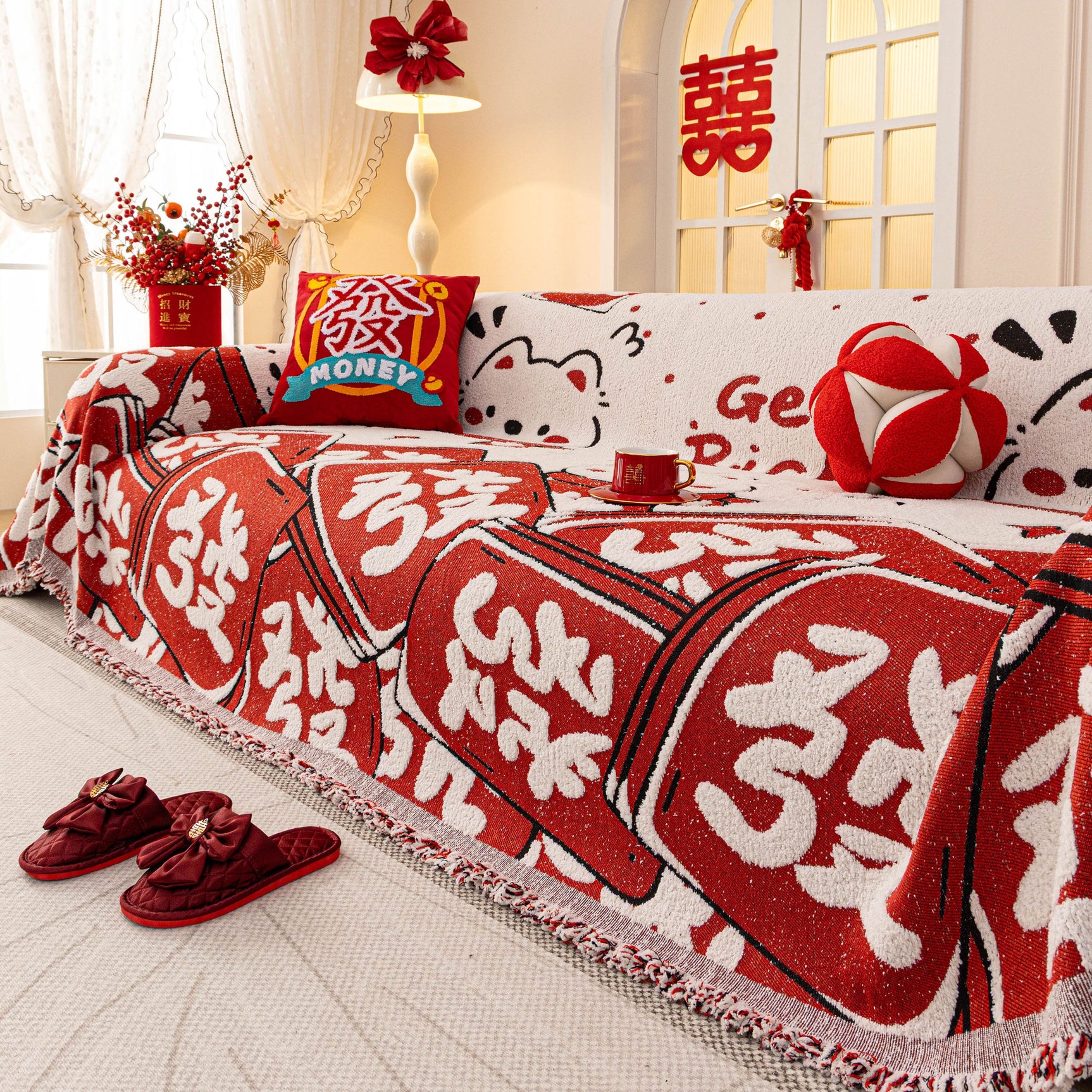 Chinese New Year Sofa Throw Cover Blanket, Decor Festive Red Fu Pattern Couch Cover - Ornate Home