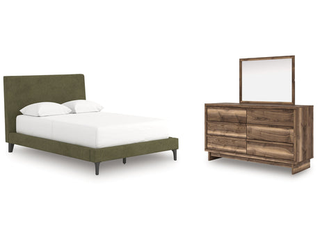 Chirason Brown/Sage Green Full Upholstered Bed, Dresser and Mirror - Ornate Home