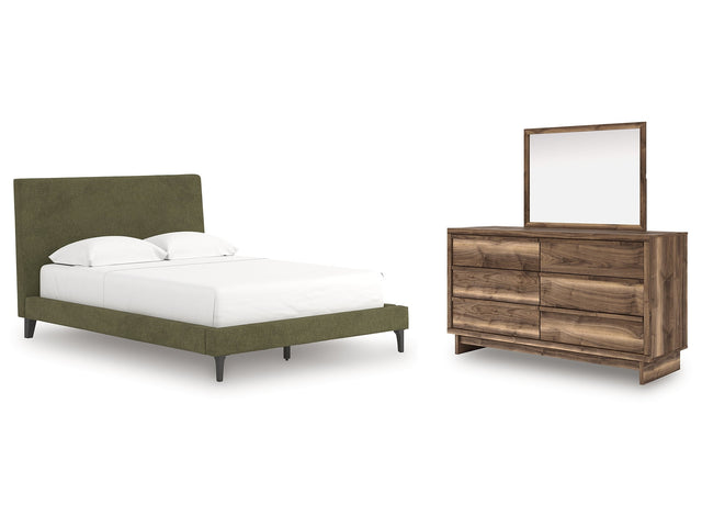 Chirason Brown/Sage Green Queen Upholstered Bed, Dresser and Mirror (Online Special Price) - Ornate Home