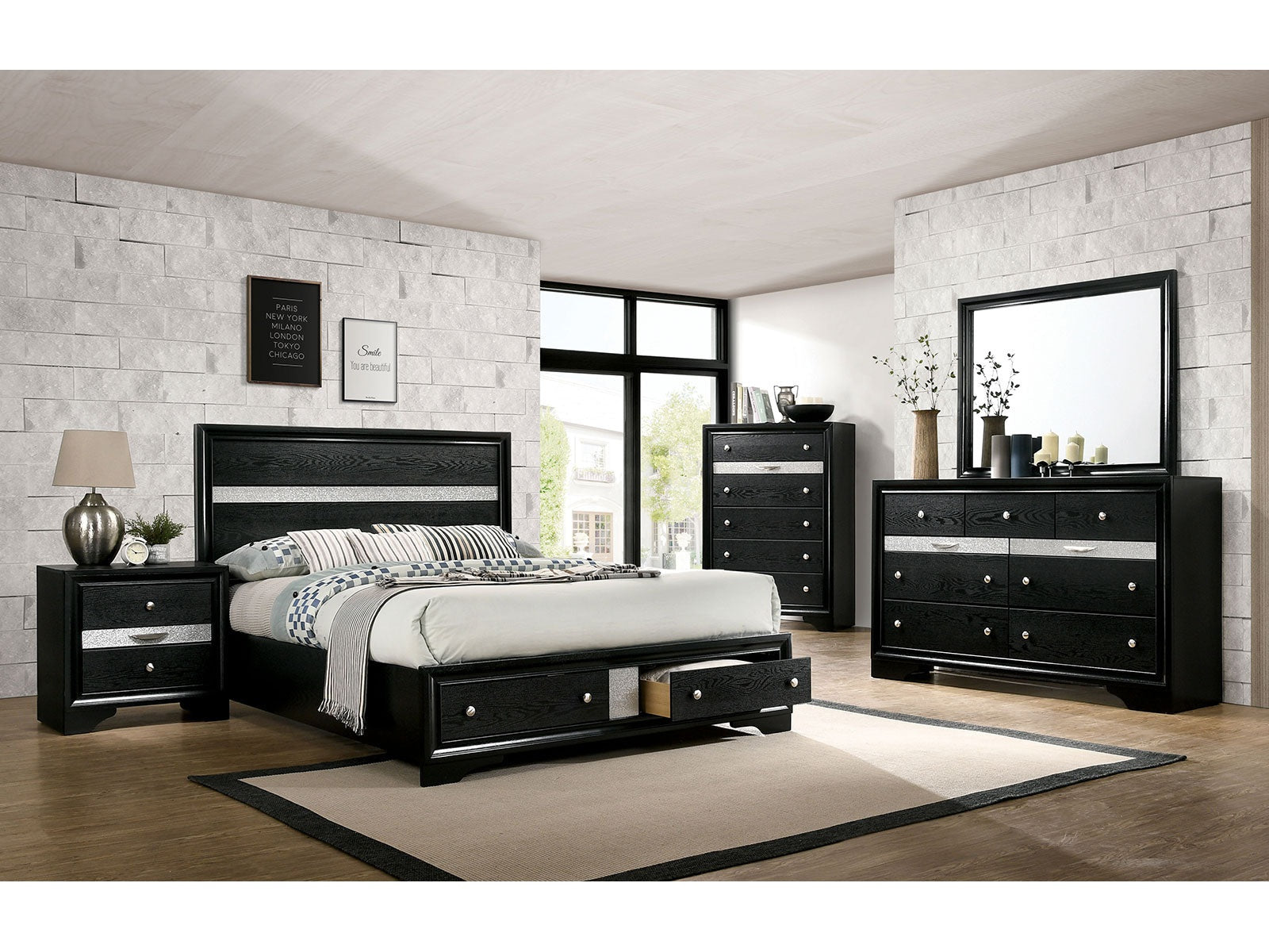 Chrissy Black 5 Pc. Queen Bedroom Set w/ Nightstand - Ornate Home