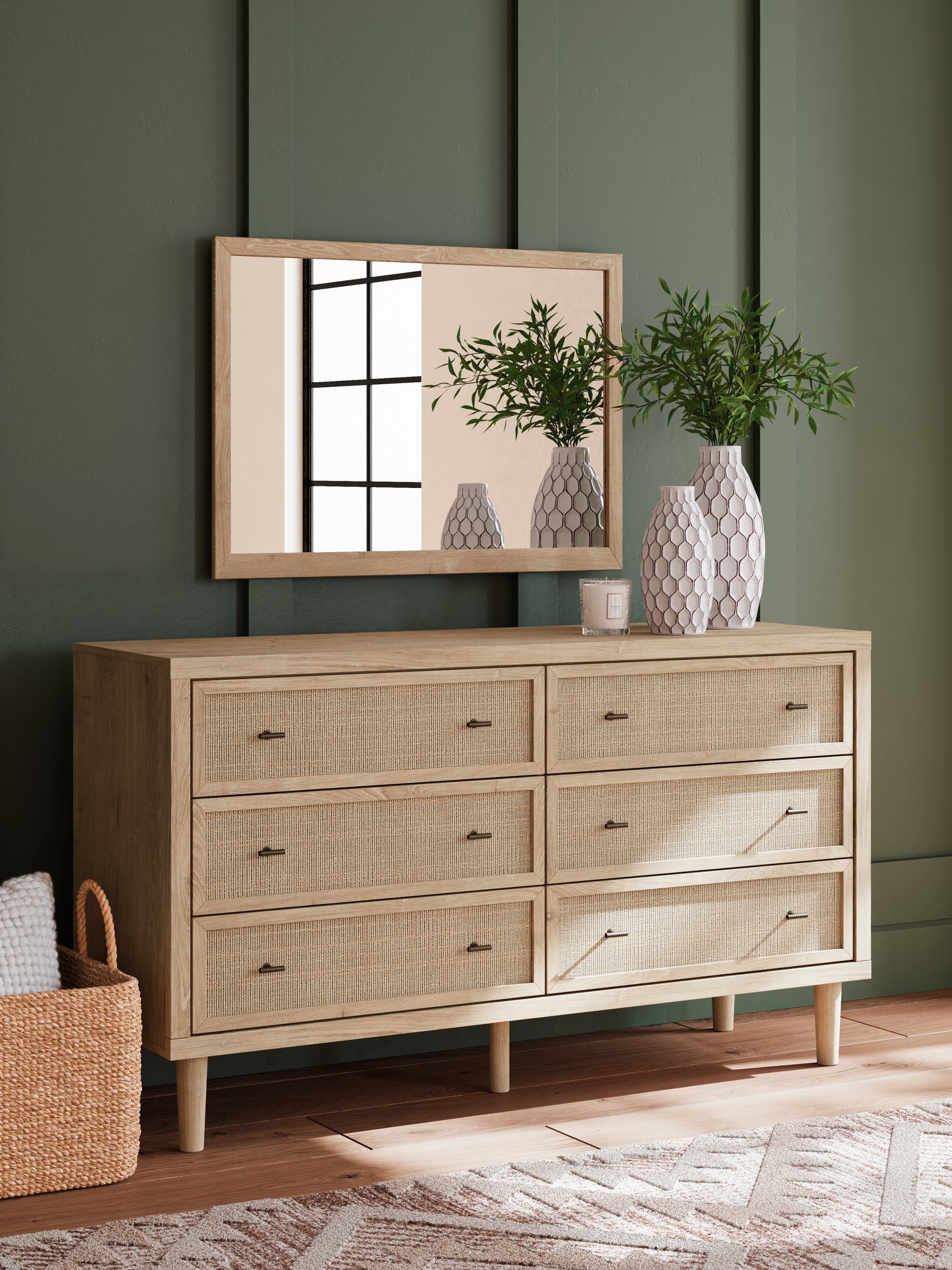 Cielden Two-tone/Soft Gray Queen Upholstered Bed, Dresser and Mirror (Online Special Price) - Ornate Home