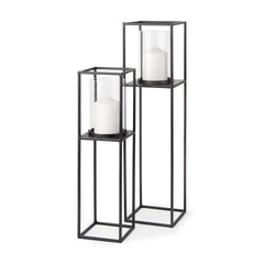 Cindy Matte Black Metal and Hurricane Glass Pillar Tabletop Candle Holders (Set of 2)