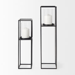 Cindy Matte Black Metal and Hurricane Glass Pillar Tabletop Candle Holders (Set of 2)