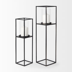 Cindy Matte Black Metal and Hurricane Glass Pillar Tabletop Candle Holders (Set of 2)