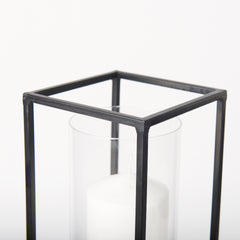 Cindy Matte Black Metal and Hurricane Glass Pillar Tabletop Candle Holders (Set of 2)