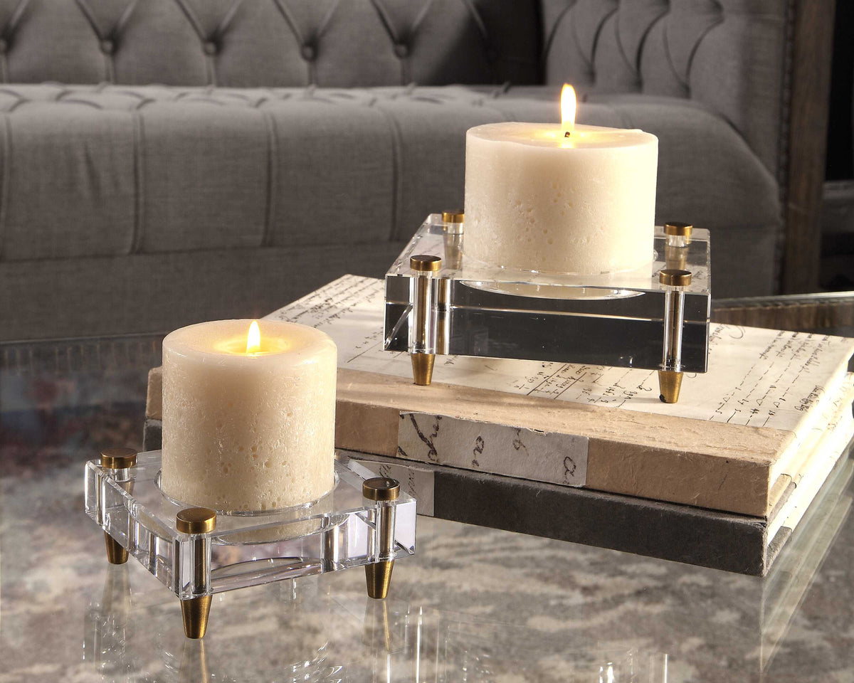 Claire Brass/White Crystal Block Candleholders (Set of 2) - Ornate Home