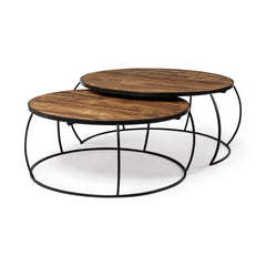 Clapp Brown/Black Round Wood Top Iron Base Nesting Coffee Tables (Set of 2) - Ornate Home