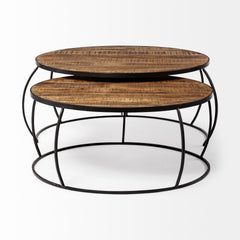 Clapp Brown/Black Round Wood Top Iron Base Nesting Coffee Tables (Set of 2) - Ornate Home