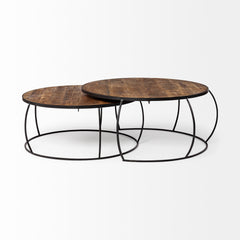 Clapp Brown/Black Round Wood Top Iron Base Nesting Coffee Tables (Set of 2) - Ornate Home