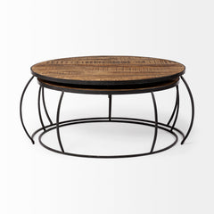 Clapp Brown/Black Round Wood Top Iron Base Nesting Coffee Tables (Set of 2) - Ornate Home