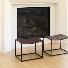 Clarissa Brown/Black Leather Woven Seat Stool - Ornate Home