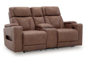 Clean-Slate Caramel Power Reclining Loveseat with Console (Online Special Price) - Ornate Home