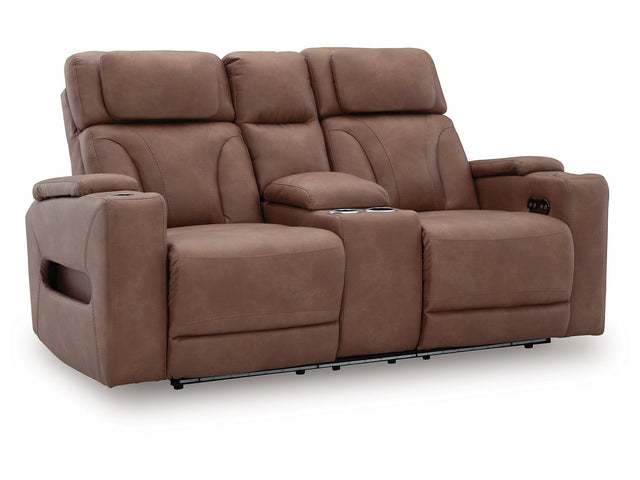 Clean-Slate Caramel Power Reclining Loveseat with Console (Online Special Price) - Ornate Home
