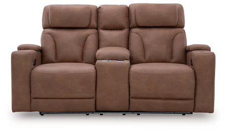 Clean-Slate Caramel Power Reclining Loveseat with Console - Ornate Home