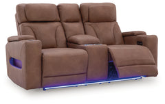 Clean-Slate Caramel Power Reclining Loveseat with Console - Ornate Home