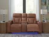 Clean-Slate Caramel Power Reclining Loveseat with Console - Ornate Home