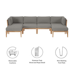 Clearwater Gray/Graphite 6-Piece Outdoor Patio Teak Wood Sectional Sofa - 55x116" - Ornate Home