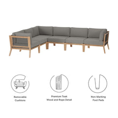 Clearwater Gray/Graphite 6-Piece Outdoor Patio Teak Wood Sectional Sofa - 87x116" - Ornate Home