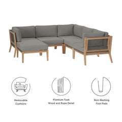 Clearwater Gray/Graphite 6-Piece Outdoor Patio Teak Wood Sectional Sofa - 87x87" - Ornate Home