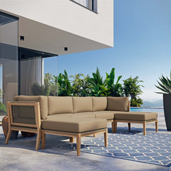 Clearwater Gray Light Brown 6-Piece Outdoor Patio Teak Wood Sectional Sofa - 55x116" - Ornate Home