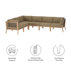 Clearwater Gray Light Brown 6-Piece Outdoor Patio Teak Wood Sectional Sofa - 87x116" - Ornate Home