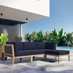 Clearwater Gray/Navy 4-Piece Outdoor Patio Teak Wood Sectional Sofa - Ornate Home