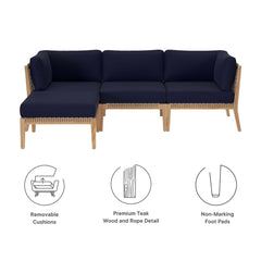 Clearwater Gray/Navy 4-Piece Outdoor Patio Teak Wood Sectional Sofa - Ornate Home