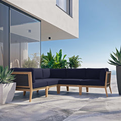 Clearwater Gray/Navy 5-Piece Outdoor Patio Teak Wood Sectional Sofa - Ornate Home