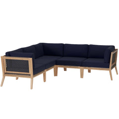 Clearwater Gray/Navy 5-Piece Outdoor Patio Teak Wood Sectional Sofa - Ornate Home