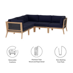 Clearwater Gray/Navy 5-Piece Outdoor Patio Teak Wood Sectional Sofa - Ornate Home