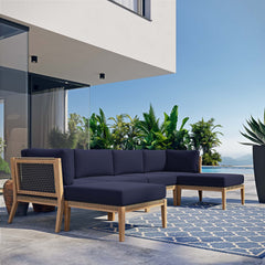 Clearwater Gray/Navy 6-Piece Outdoor Patio Teak Wood Sectional Sofa - 55x116" - Ornate Home