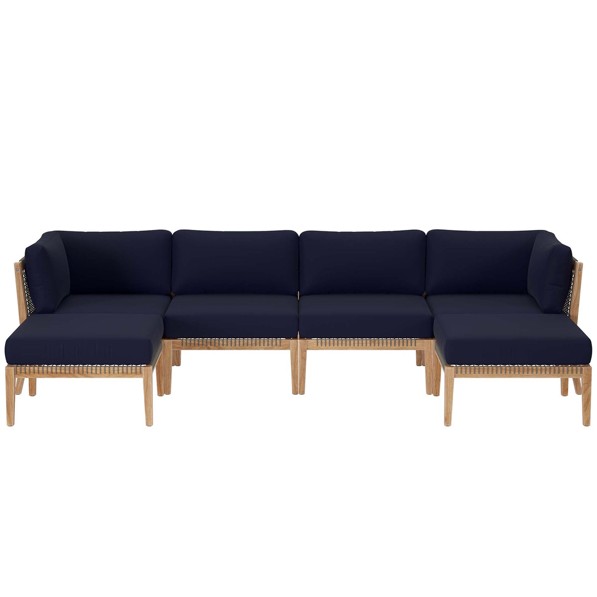 Clearwater Gray/Navy 6-Piece Outdoor Patio Teak Wood Sectional Sofa - 55x116" - Ornate Home