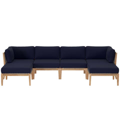 Clearwater Gray/Navy 6-Piece Outdoor Patio Teak Wood Sectional Sofa - 55x116" - Ornate Home