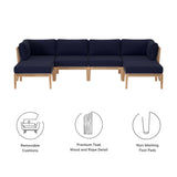 Clearwater Gray/Navy 6-Piece Outdoor Patio Teak Wood Sectional Sofa - 55x116" - Ornate Home