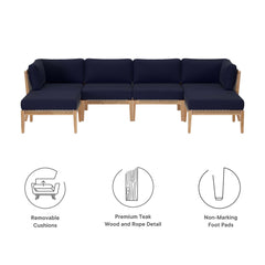 Clearwater Gray/Navy 6-Piece Outdoor Patio Teak Wood Sectional Sofa - 55x116" - Ornate Home