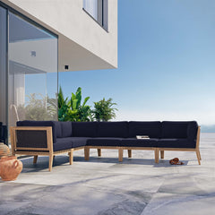 Clearwater Gray/Navy 6-Piece Outdoor Patio Teak Wood Sectional Sofa - 87x116" - Ornate Home