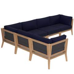 Clearwater Gray/Navy 6-Piece Outdoor Patio Teak Wood Sectional Sofa - 87x116" - Ornate Home