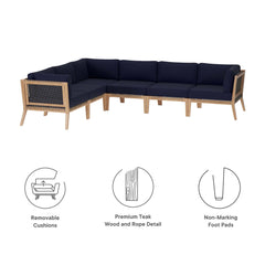 Clearwater Gray/Navy 6-Piece Outdoor Patio Teak Wood Sectional Sofa - 87x116" - Ornate Home