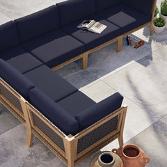 Clearwater Gray/Navy 6-Piece Outdoor Patio Teak Wood Sectional Sofa - 87x116" - Ornate Home