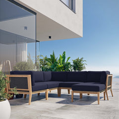 Clearwater Gray/Navy 6-Piece Outdoor Patio Teak Wood Sectional Sofa - 87x87" - Ornate Home