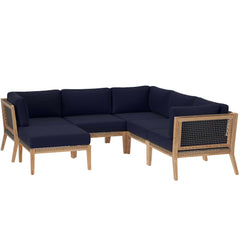 Clearwater Gray/Navy 6-Piece Outdoor Patio Teak Wood Sectional Sofa - 87x87" - Ornate Home